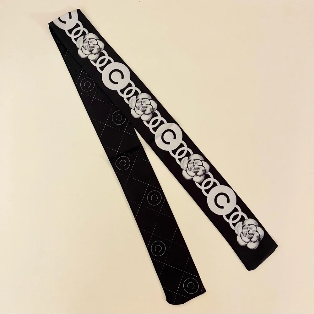 Parisian Chic Floral & Quilted Silk Skinny Scarf (Twilly) - Picture 4 of 7